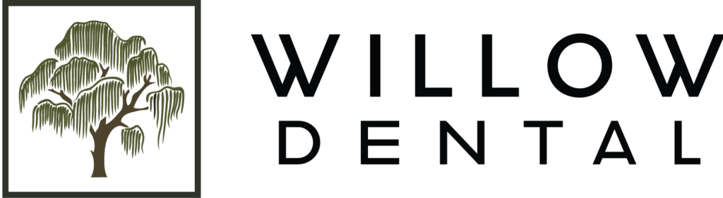 The image shows a logo for "Willow Dental." It features a stylized willow tree enclosed in a square on the left, with bold uppercase text "WILLOW DENTAL" beside it. The design conveys a professional and welcoming feel, likely representing a dental practice.