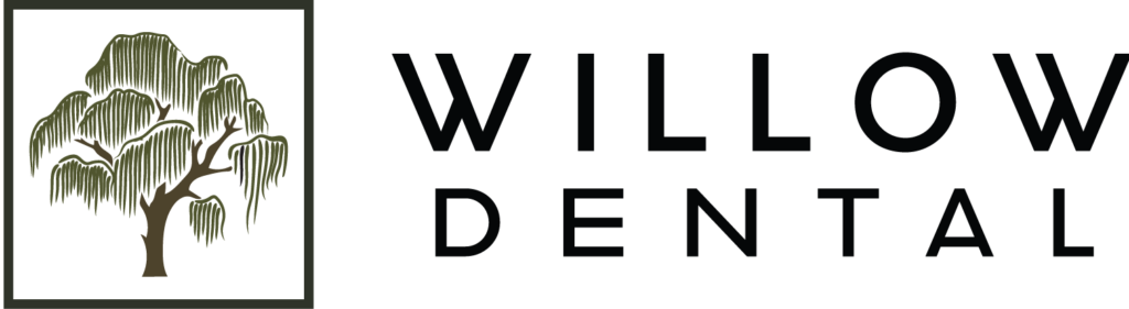The image shows a logo for "Willow Dental." It features a stylized willow tree enclosed in a square on the left, with bold uppercase text "WILLOW DENTAL" beside it. The design conveys a professional and welcoming feel, likely representing a dental practice.